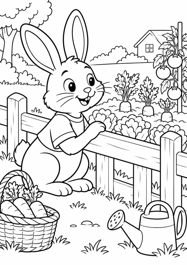 Coelho junto a uma cerca da horta para colorir