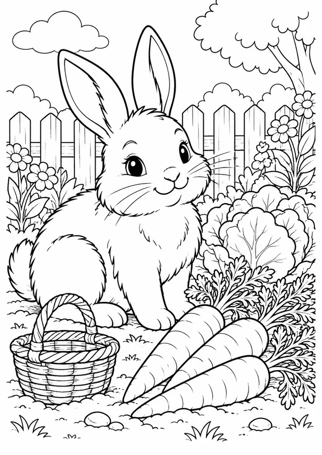 Coelho na horta para colorir