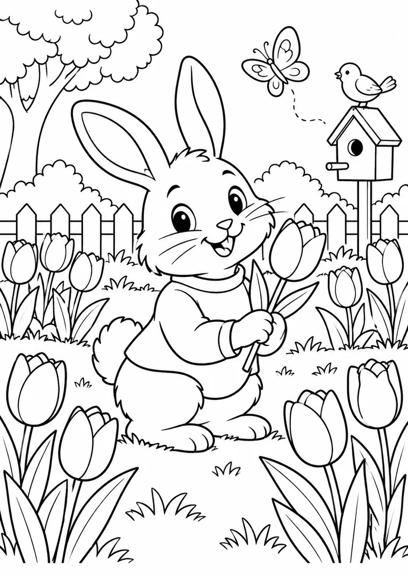 Coelho num jardim de tulipas para colorir
