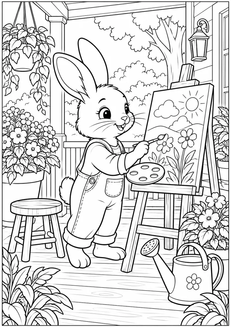 Coelho pintando na varanda para colorir