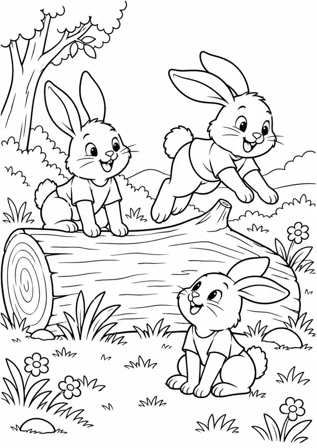 Coelhos brincando junto a um tronco para colorir
