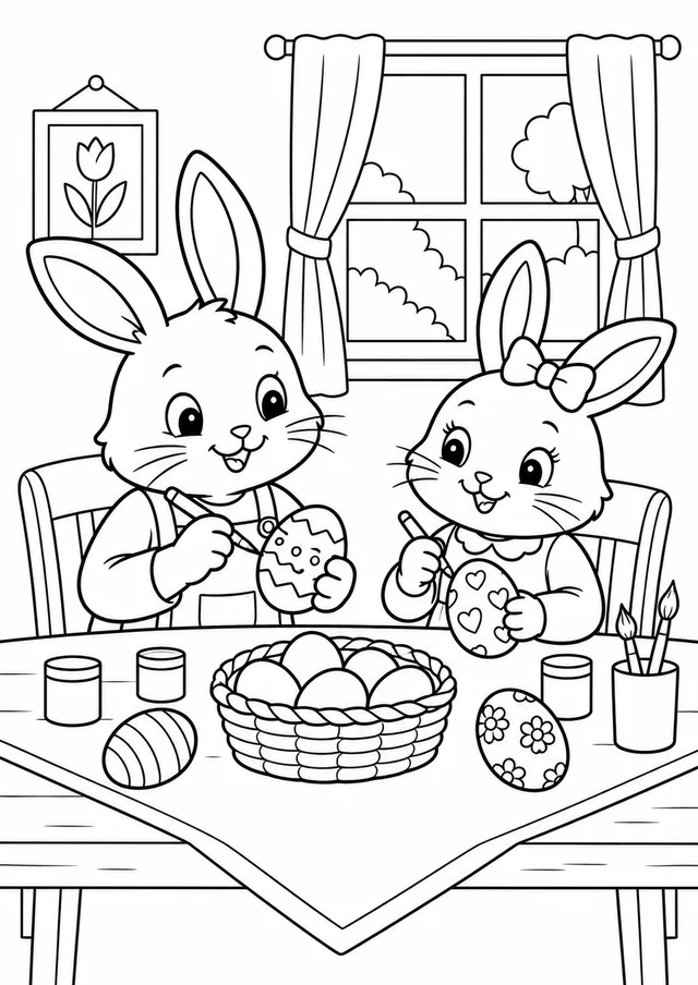 Coelhos decorando ovos sobre uma mesa para colorir