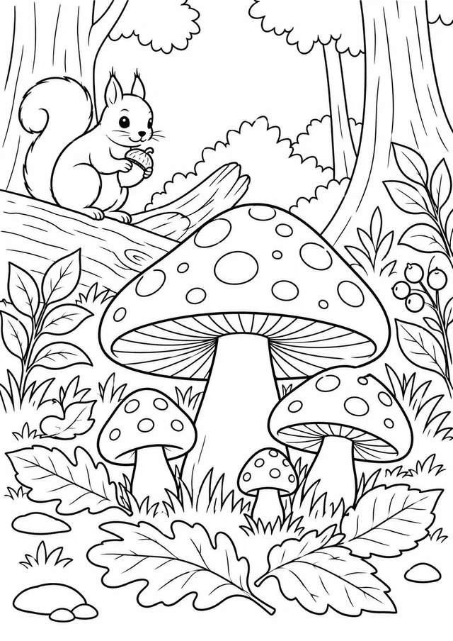 Cogumelos e folhas na floresta para colorir