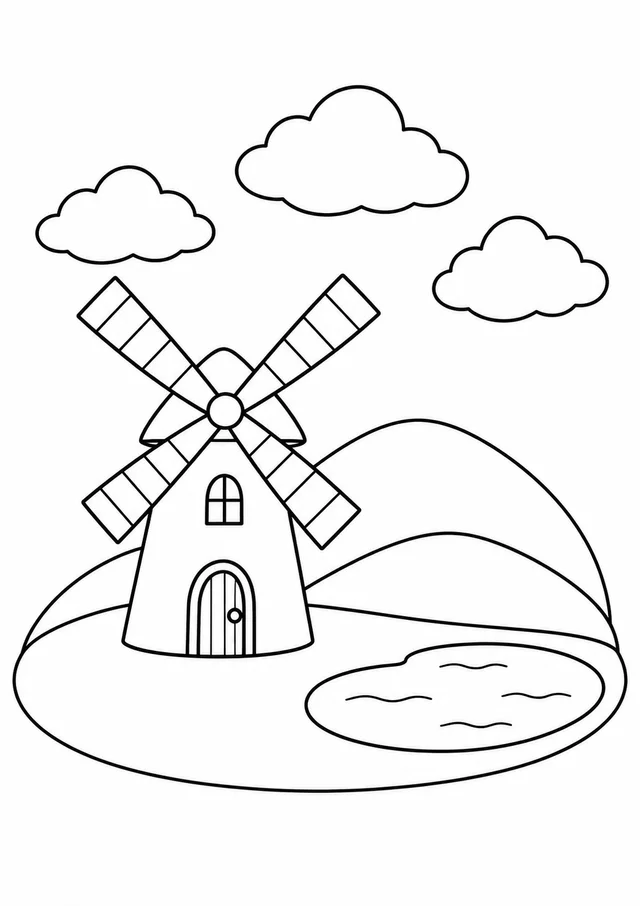 Colinas com um moinho de vento para colorir