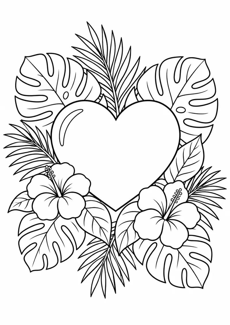 Coração entre folhas tropicais para colorir