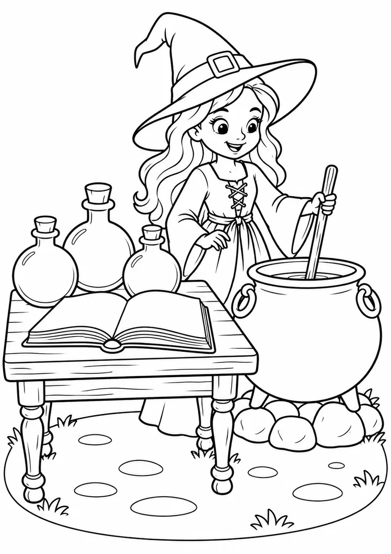Cozinha da bruxa com poções para colorir