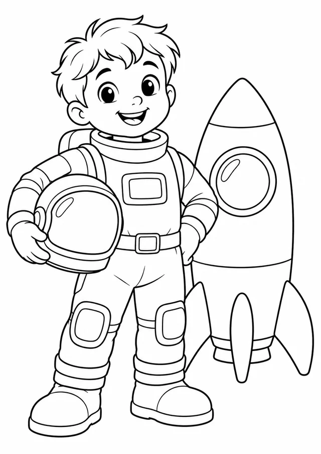 Criança astronauta com capacete na mão para colorir