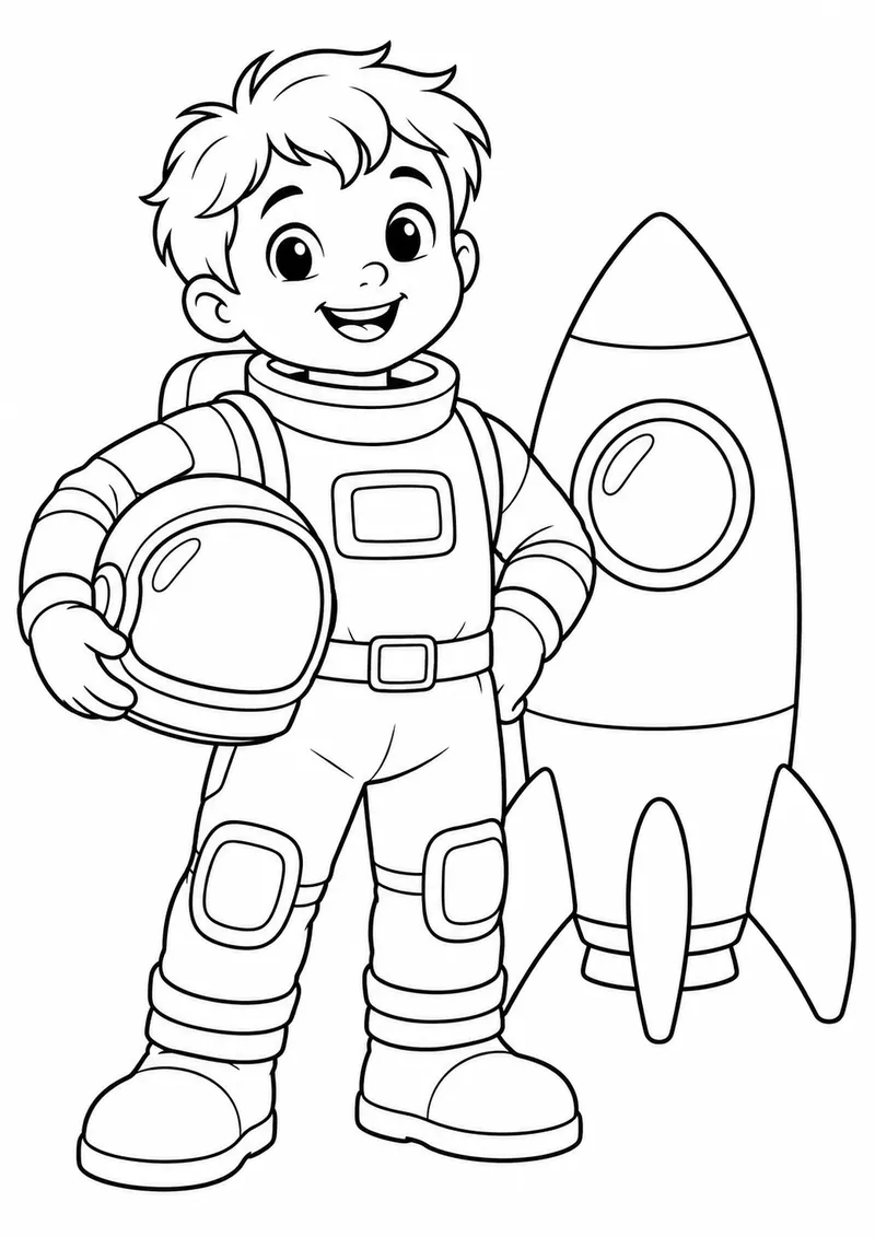 Criança astronauta com capacete na mão para colorir