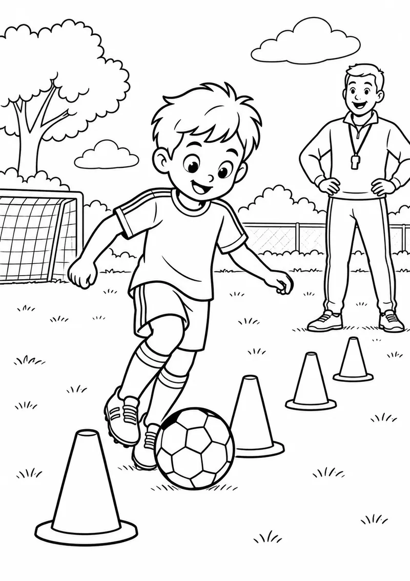 Criança driblando cones no treino para colorir
