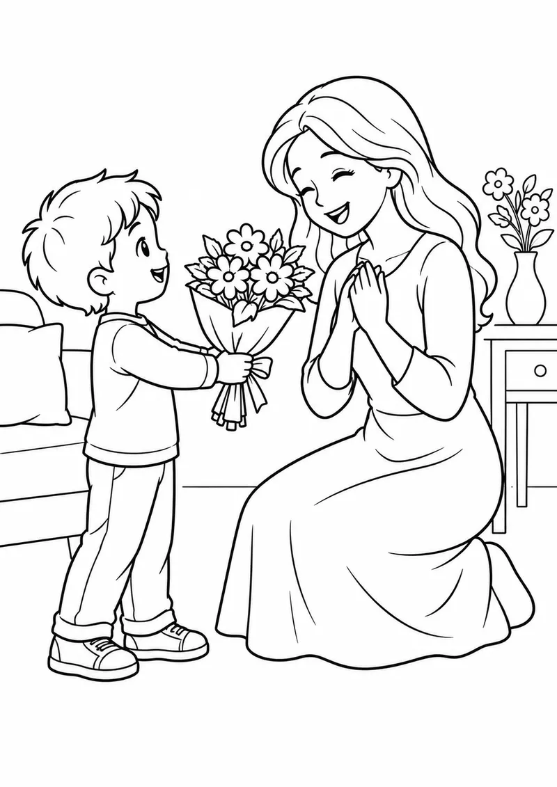 Criança entregando flores para a mãe para colorir
