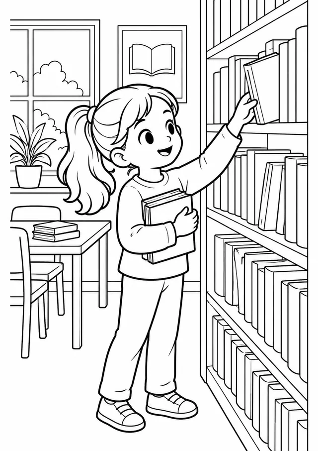 Criança escolhendo livros na biblioteca escolar para colorir