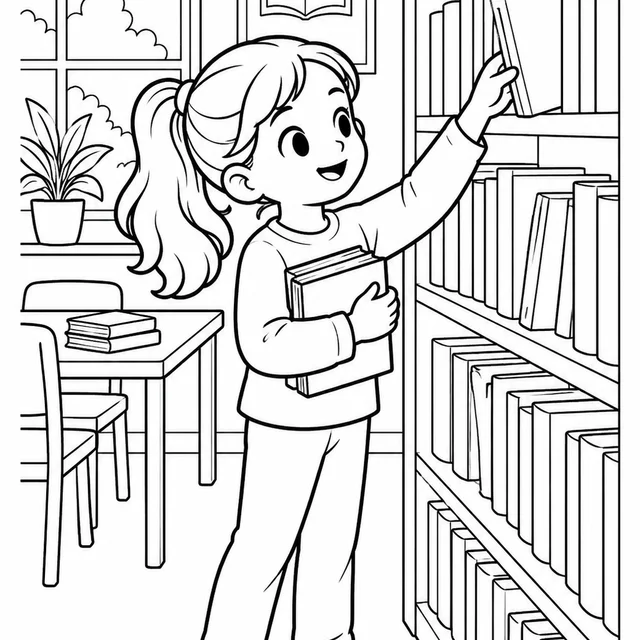 Criança escolhendo livros na biblioteca escolar para colorir