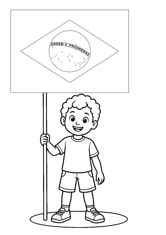 Criança segurando bandeirinha do Brasil para colorir