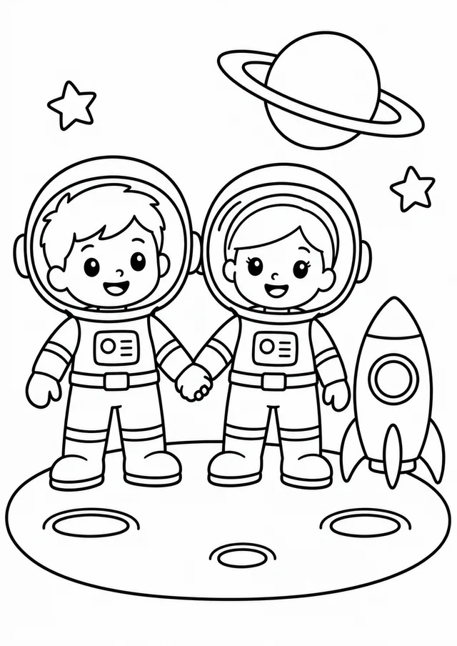 Crianças astronautas de mãos dadas para colorir