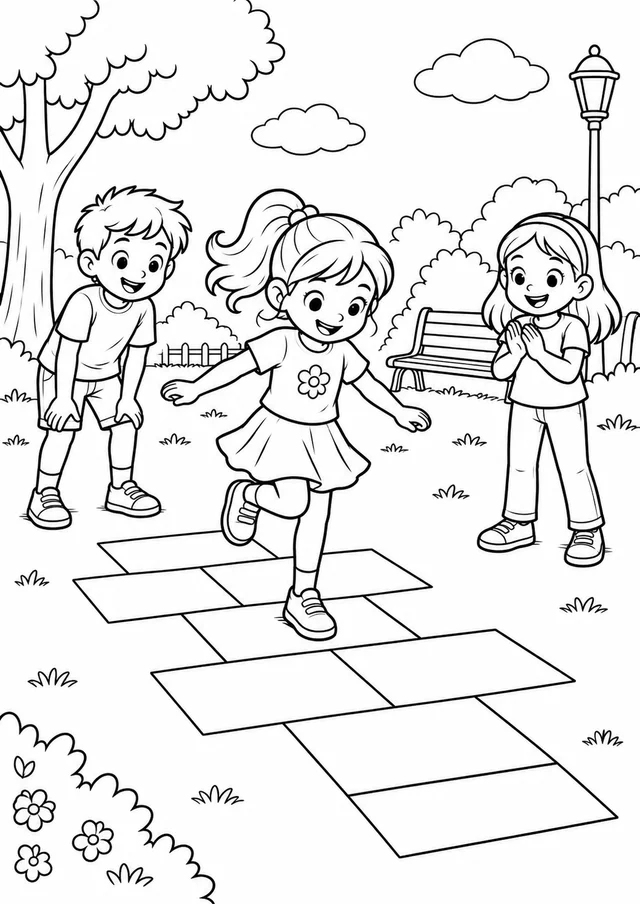 Crianças brincando de amarelinha no parque para colorir