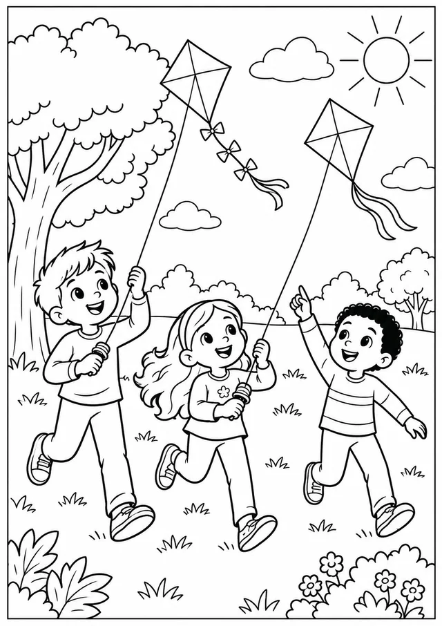 Crianças brincando de pipa para colorir