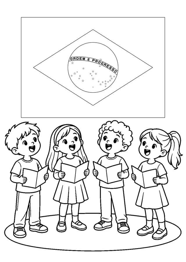 Crianças cantando o Hino à Bandeira para colorir