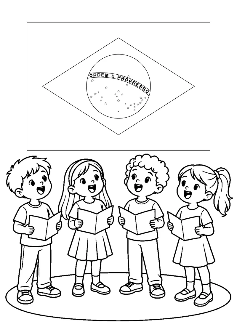 Crianças cantando o Hino à Bandeira para colorir