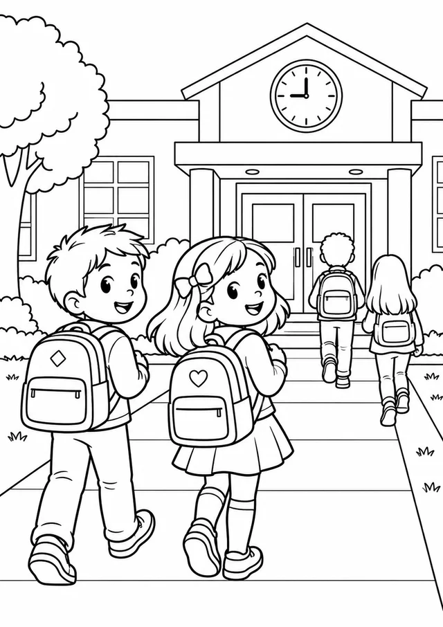 Crianças chegando à escola com mochilas para colorir