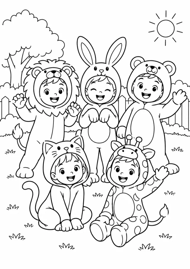 Crianças com fantasias de animais totalmente vestidas para colorir