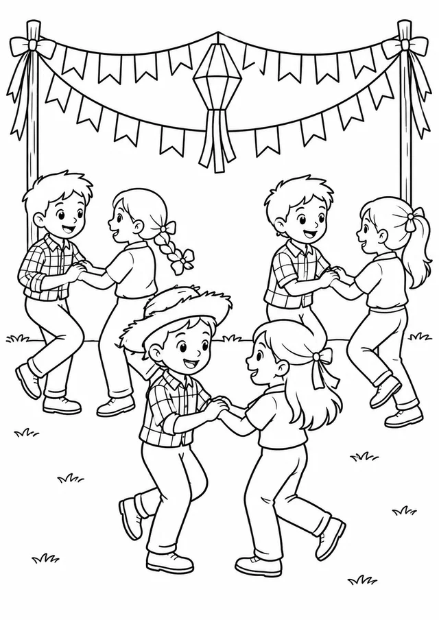 Crianças dançando quadrilha para colorir