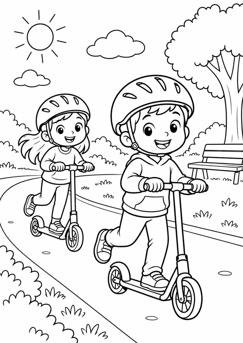 Crianças de capacete andando de patinete para colorir