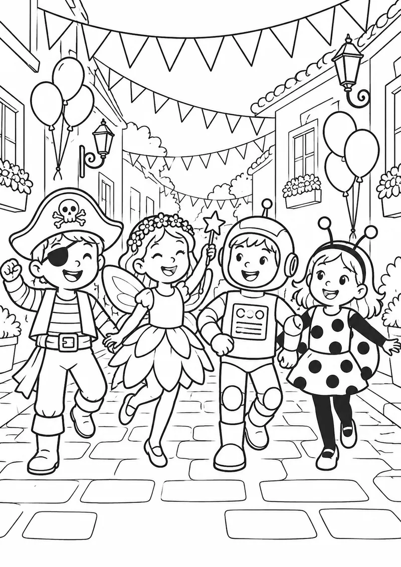 Crianças de fantasias originais numa rua enfeitada para colorir