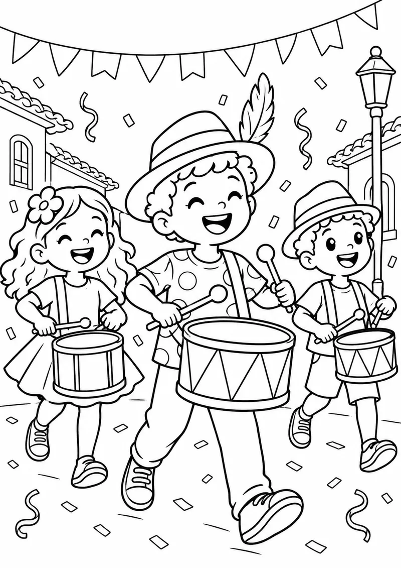 Crianças tocando tambor no bloquinho para colorir