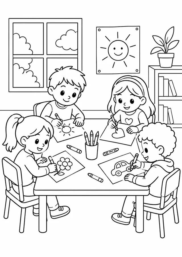 Crianças desenhando numa mesa compartilhada para colorir
