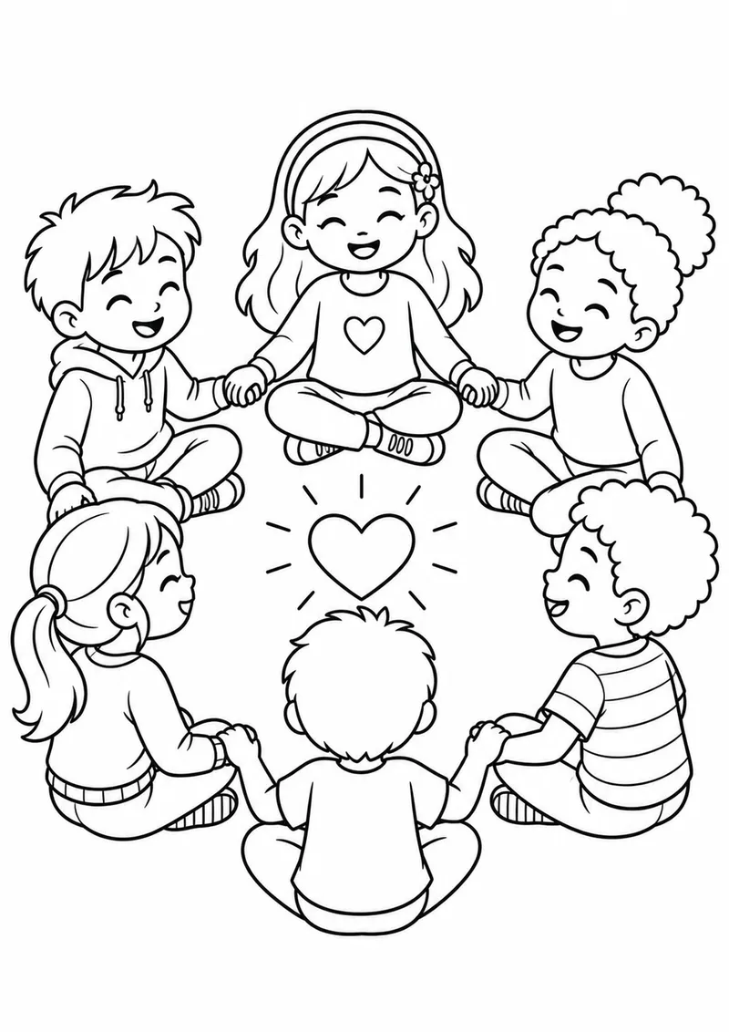 Crianças formando uma roda de acolhimento para colorir