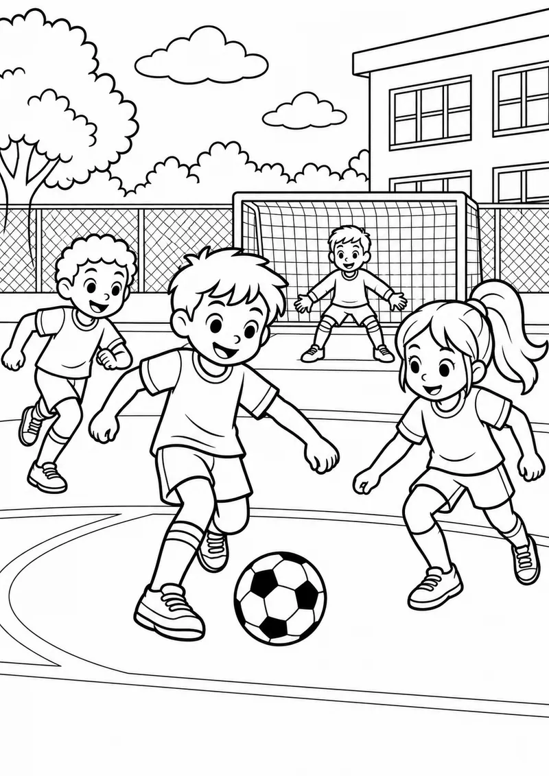 Crianças jogando futebol na quadra da escola para colorir