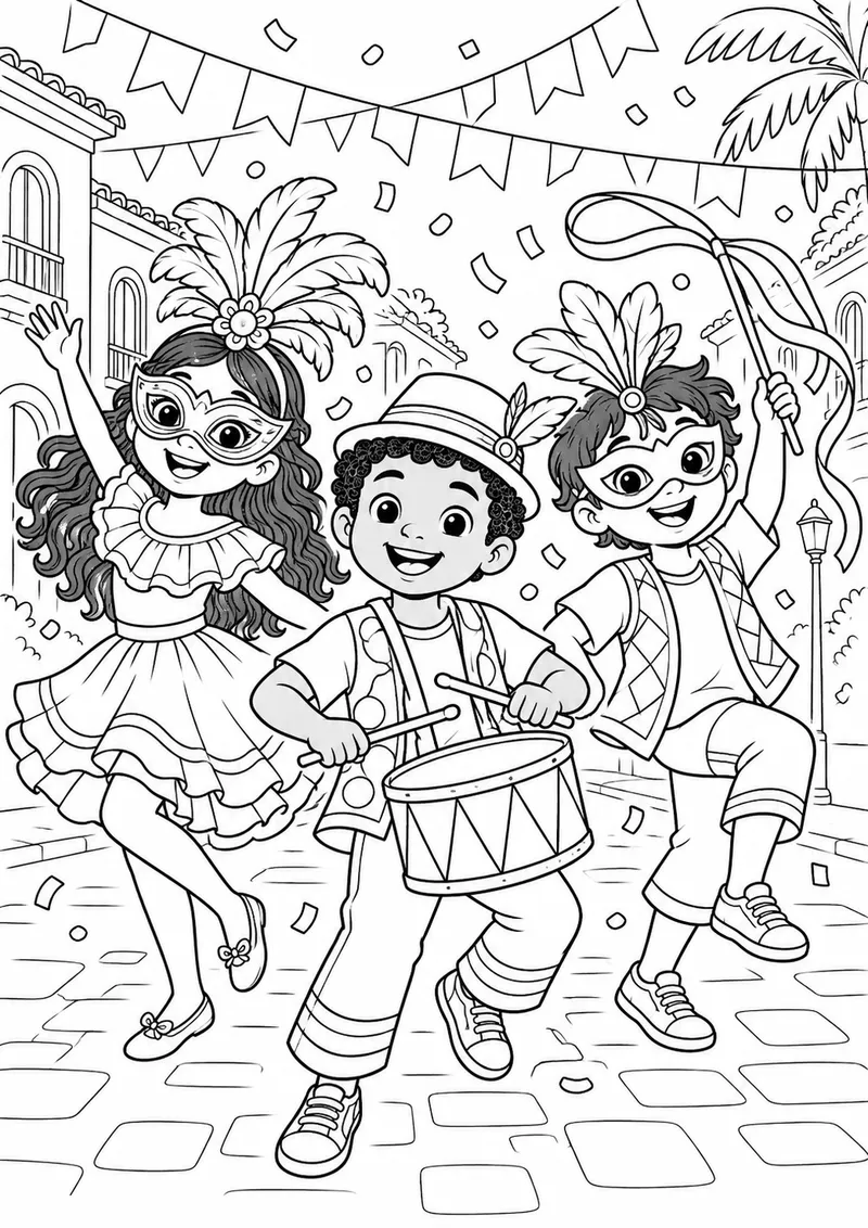 Crianças no bloco de Carnaval para colorir