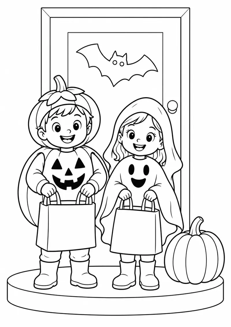 Crianças pedindo doces na porta para colorir