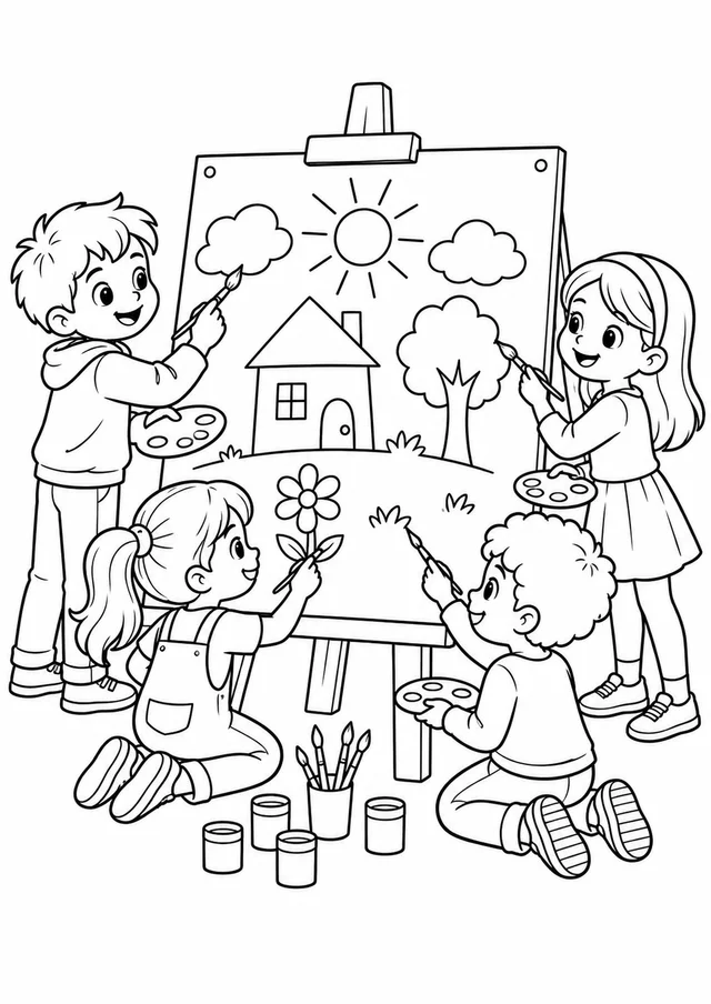 Crianças pintando num cavalete coletivo para colorir