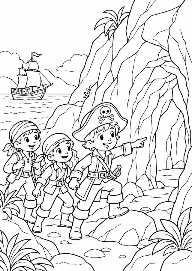 Crianças piratas encontrando uma caverna para colorir