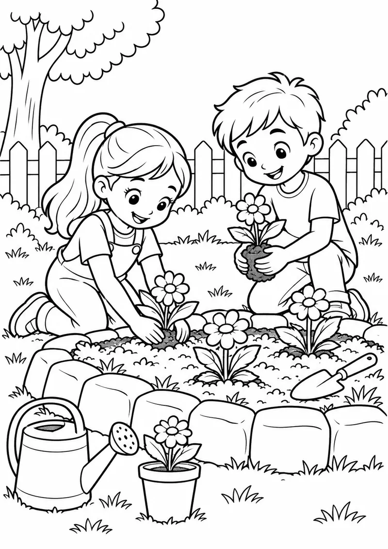 Crianças plantando flores num canteiro para colorir