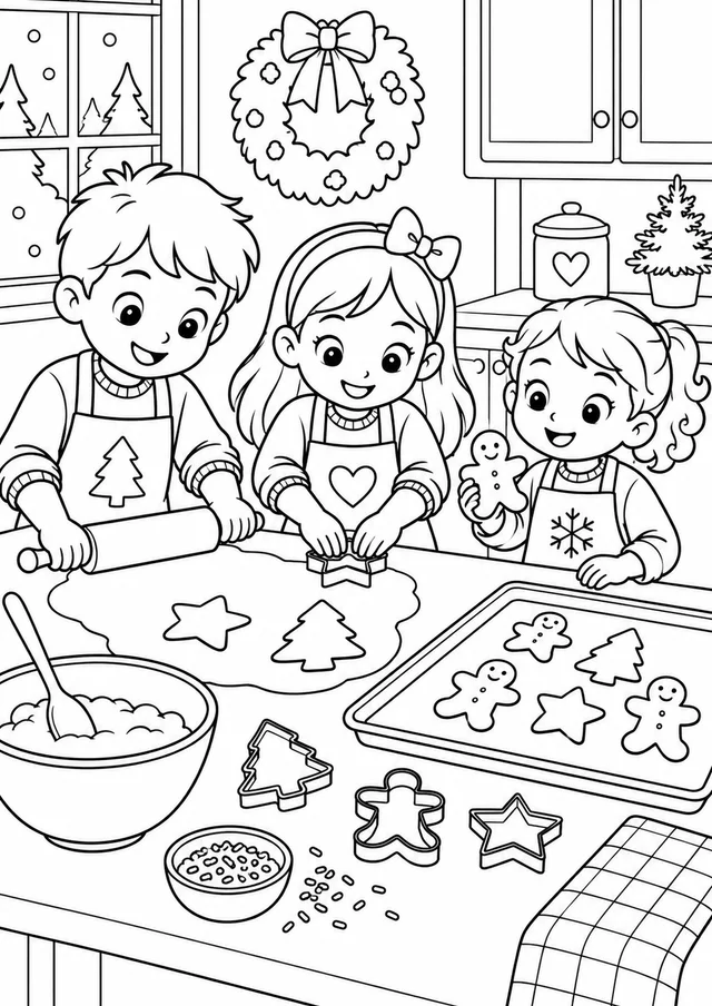 Crianças preparando biscoitos natalinos para colorir