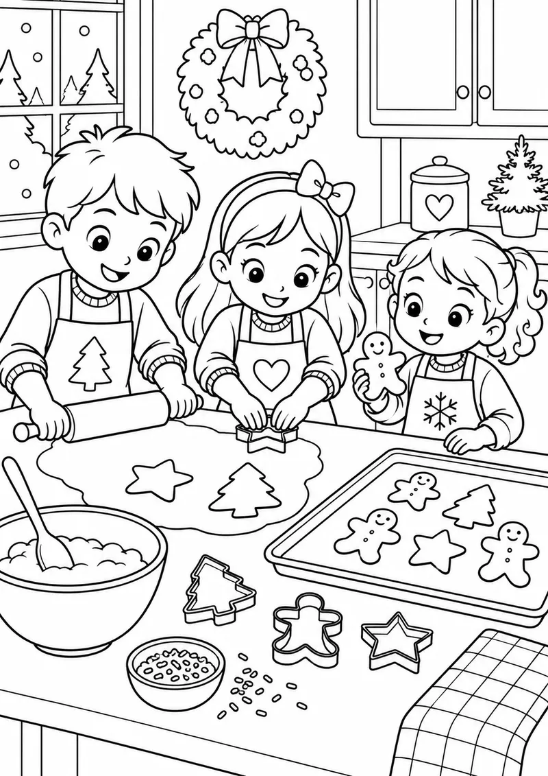 Crianças preparando biscoitos natalinos para colorir