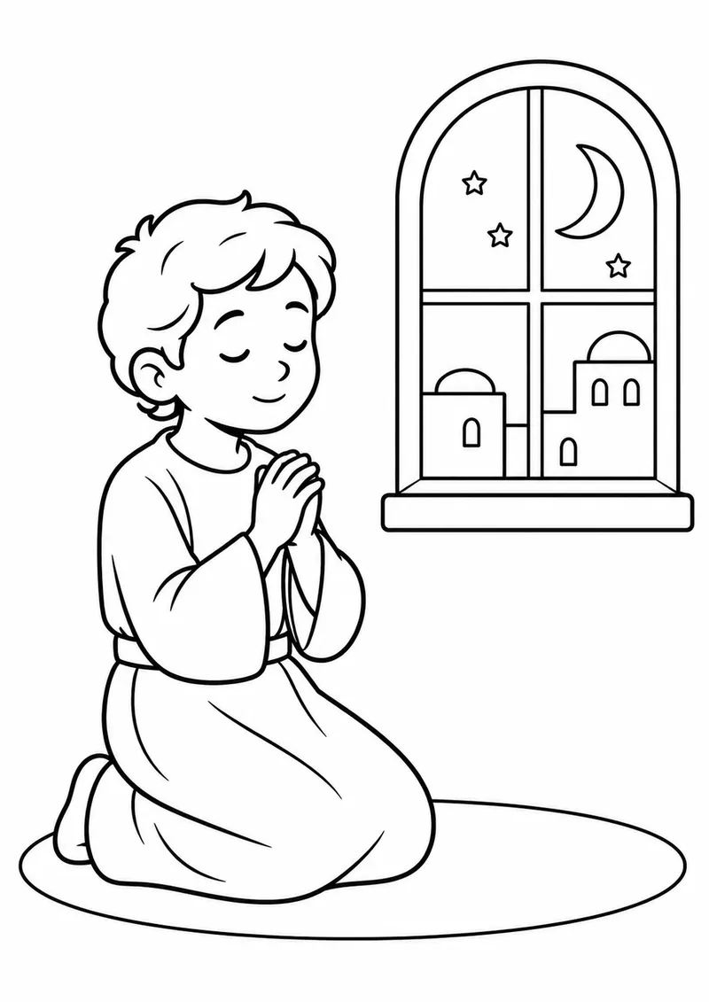 Daniel orando perto da janela para colorir