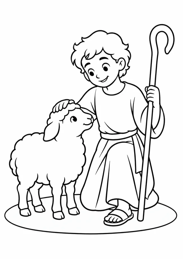 Davi jovem cuidando de uma ovelha para colorir