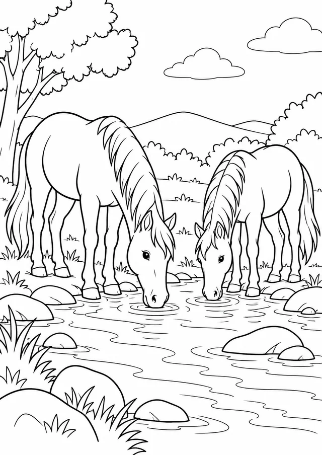 Dois cavalos bebendo num riacho para colorir