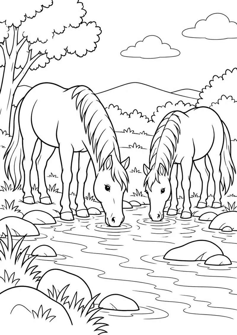 Dois cavalos bebendo num riacho para colorir