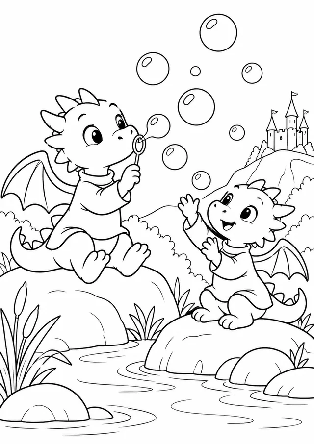 Dois dragõezinhos soltando bolhas para colorir