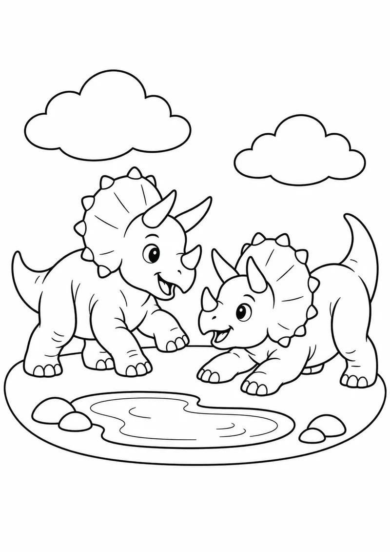 Dois filhotes de tricerátopo brincando para colorir