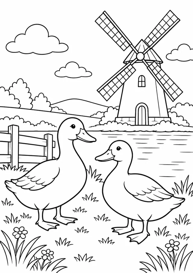 Dois patos junto a um moinho para colorir