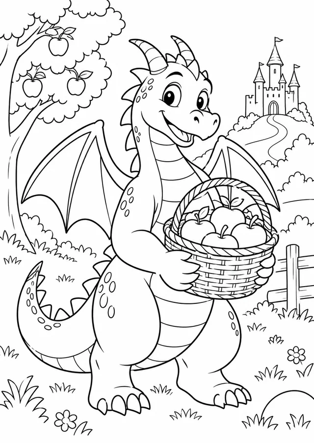Dragão com uma cesta de maçãs para colorir