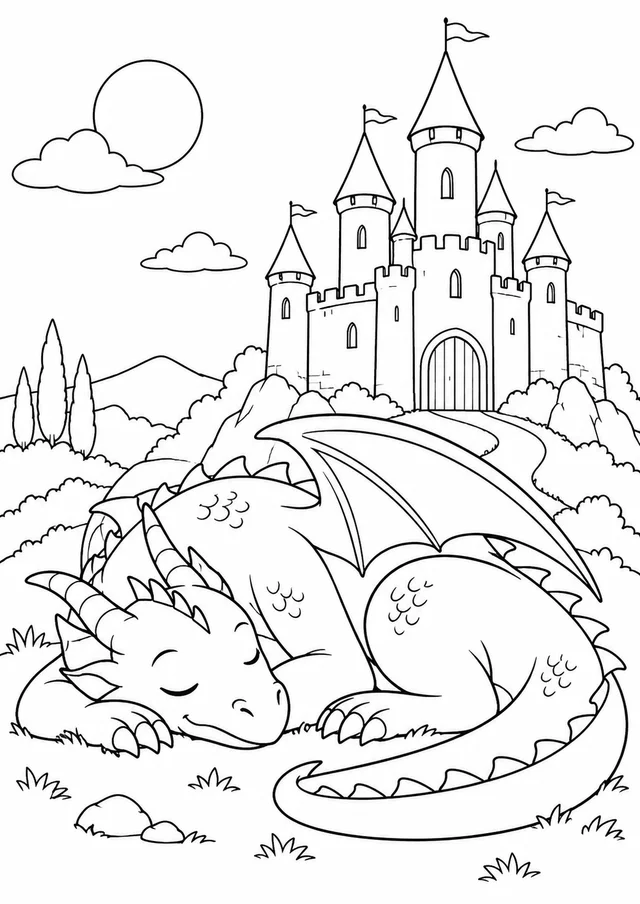 Dragão dormindo junto a um castelo para colorir
