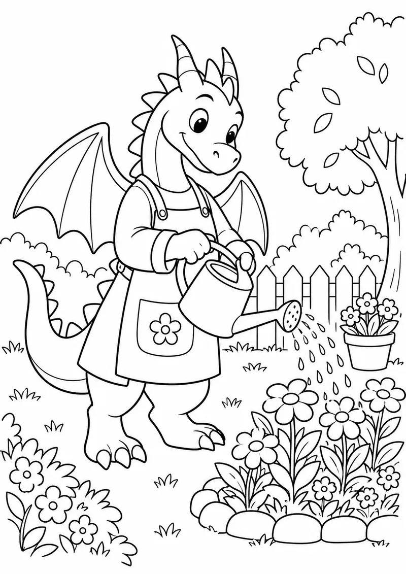 Dragão jardineiro regando flores para colorir