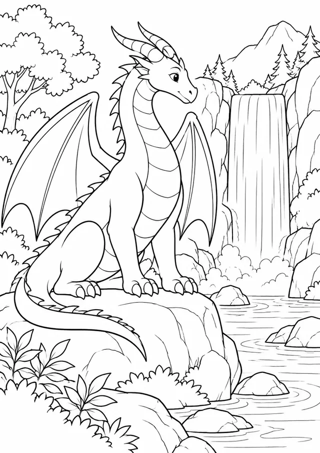 Dragão junto a uma cachoeira para colorir