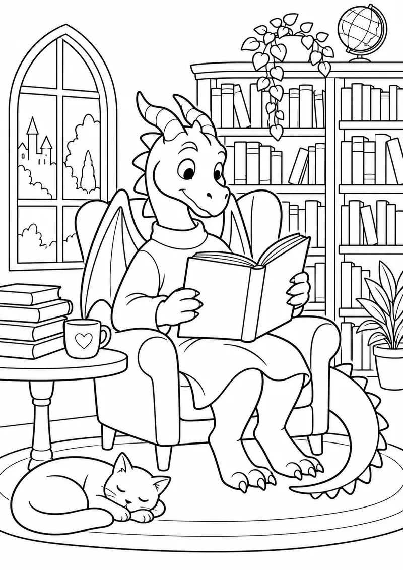 Dragão lendo na biblioteca para colorir